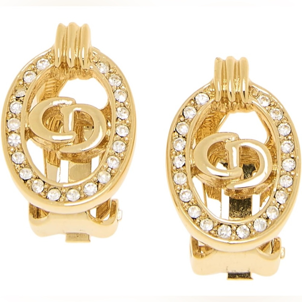Vintage Dior Gold Oval Crystal Logo Clip-On Earrings | Pre-Loved | Rare Couture